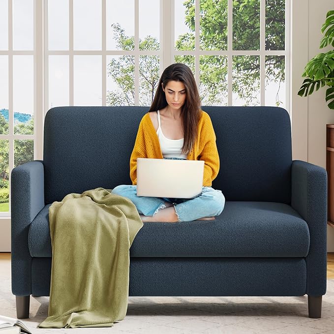 Welzona Loveseat, 51" Small Couch, Comfy Teddy Love Seat for Living Room, Tool-Free Setup Loveseat Sofa for Small Spaces, All-Wood Small Sofa Couch for Bedroom, No Pillow Included, Slate Blue