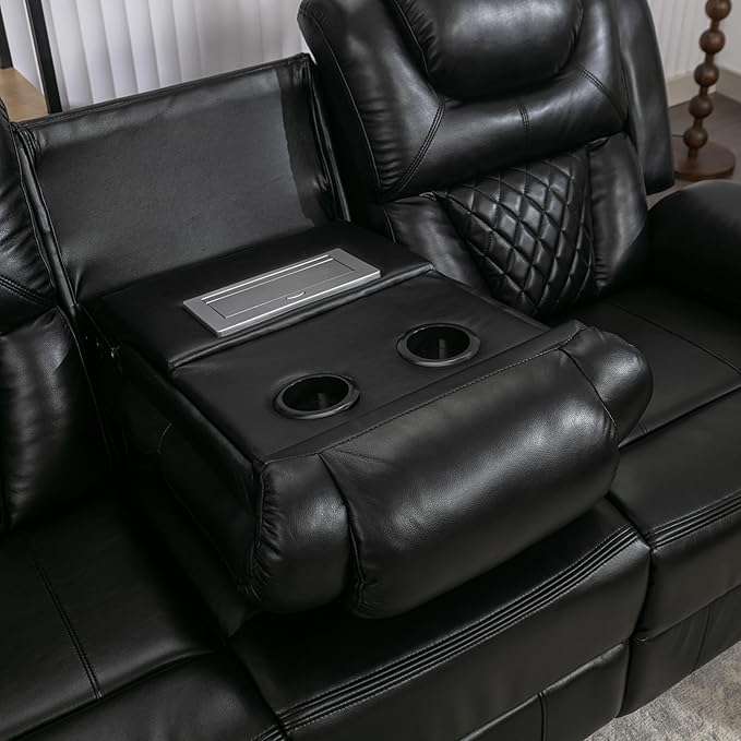ERYE 83-Inch Oversized Manual Reclining Sofa with LED Strip and Cupholders for Living Room Home Theater, Multifunctional Faux Leather 3 Seaters Manual Recliner Couches | Charging Station, Cup Holder, LED Light Strips