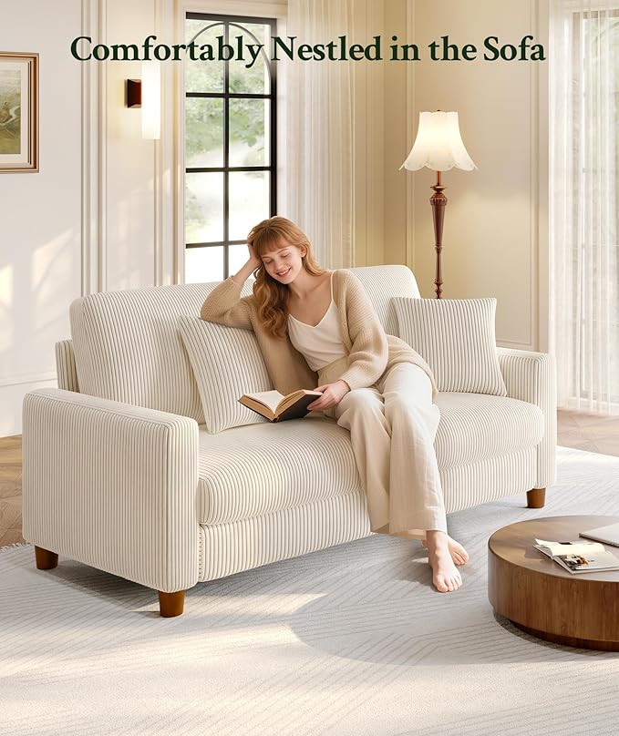 Welzona 70.2" Couches for Living Room, Comfy Beige Couch 7.1" Extra Thick Cushion, Sofas for Living Room Tool-Free Setup, Loveseat Sofa 705lbs Support, Corduroy Couch for Bedroom, Apartment, Office
