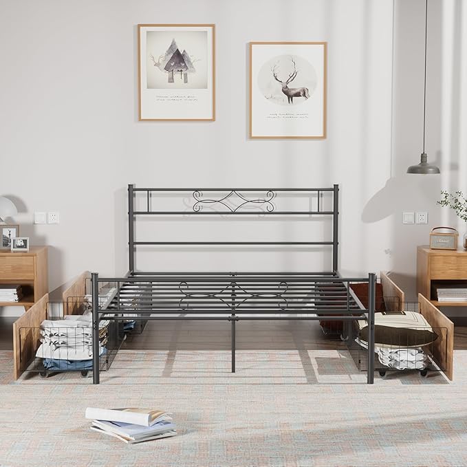 VECELO Queen Size Metal Platform Bed Frame with Headboard and 4 Storage Drawers/Steel Slat Support/No Box Spring Needed/Easy Assembly