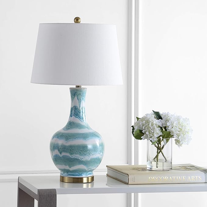 JONATHAN Y 30.5" Green/White Striped Ceramic Table Lamp for Bedroom Living Room, Modern Coastal Bedside Lamp with Gold Base and White Linen Shade, LED Bulb Included JYL3054A