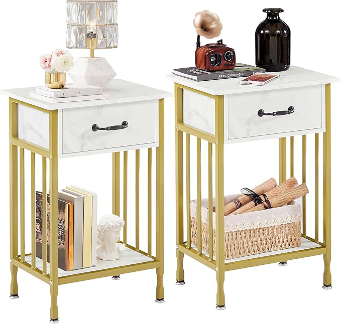 VECELO Night Stand Set 2 with Drawer and Storage Shelf,15.7x11.8x23.6 inches Bedside Table End Table,Wood Nightstands for Bedroom, Living Room,Sofa,Gold+White,2 Sets