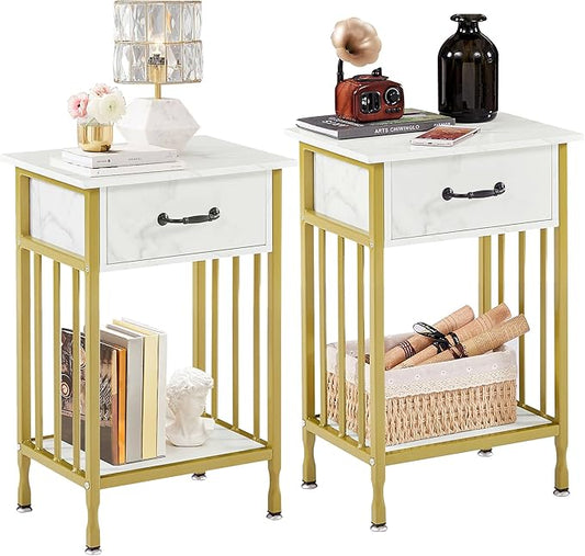 VECELO Night Stand Set 2 with Drawer and Storage Shelf,15.7x11.8x23.6 inches Bedside Table End Table,Wood Nightstands for Bedroom, Living Room,Sofa,Gold+White,2 Sets