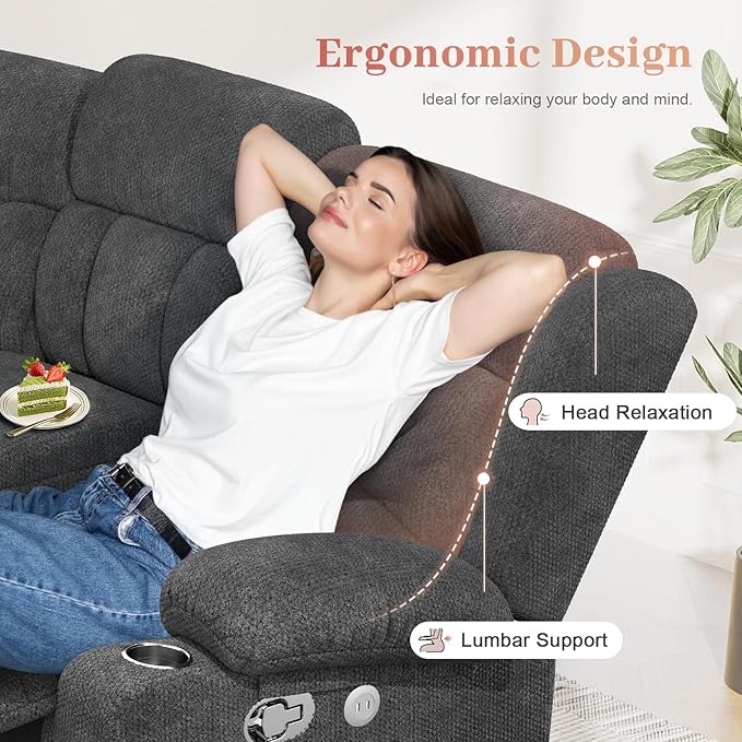 Loveseat Recliner Sofa, 2 Seater Curved Sofa for Living Room, Fabric Manual Pull Tab Reclining Loveseat with Storage Console, Home Theater Seating with USB Charge Ports, Cup Holders, Grey