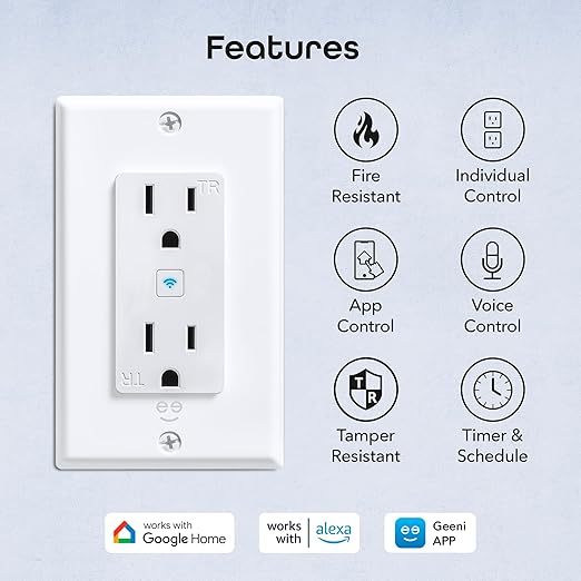 Geeni Smart WiFi in-Wall Outlet, White, 4 Pack – 2 Smart Outlets per Plug, Compatible with Alexa & Google Home, Tamper Resistant, Fire Resistant, App & Voice Control, Requires 2.4GHz WiFi