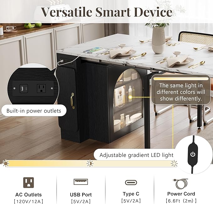 15.6" - 59" Extendable Dining Table, Mobile Kitchen Island with Storage Cabinet, Power Outlet and LED Lights, Space-Saving Dining Table for Small Spaces, Black and Marble White