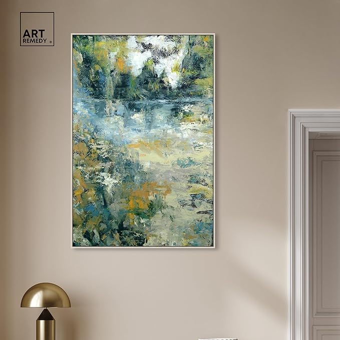 Art Remedy Green Moss Monet Garden Green Abstract Canvas Wall Art, Silver Floater Frame, 30"x45"