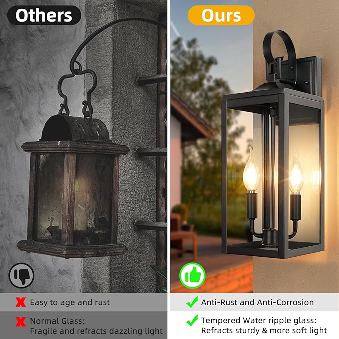 OKELI 17.6" 2-Pack Outdoor Wall Light Fixture, Large Exterior Porch Lighting 2-Light Farmhouse Outside Lantern Lights with Clear Glass Waterproof Wall Sconces Lamp for House Garage
