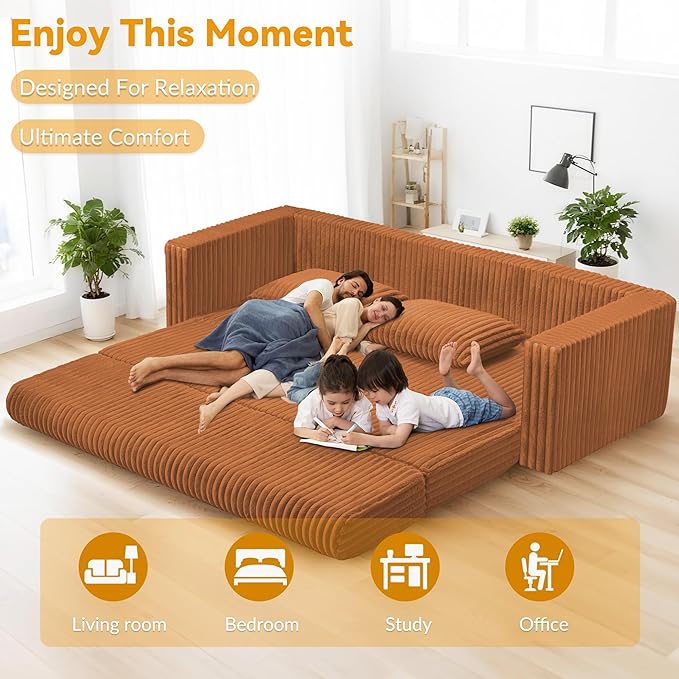 HABUTWAY Folding Sofa Bed, 2 in 1 Convertible Sleeper Chair with 2 Pillows, Portable Fold Out Chair Bed with Armrest, Comfy Floor Couch, Lazy Sofa for Living Room Bedroom Dorm Home Office, Caramel