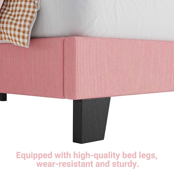 Twin Size Velvet Bed Frame, Corduroy Upholstered Twin Bed Frames Platform with Adjustable Headboard, Cute Velvet Twin Bed, Strong Wooden Slats, No Box Spring Needed, Noise Free, Easy Assembly, Pink