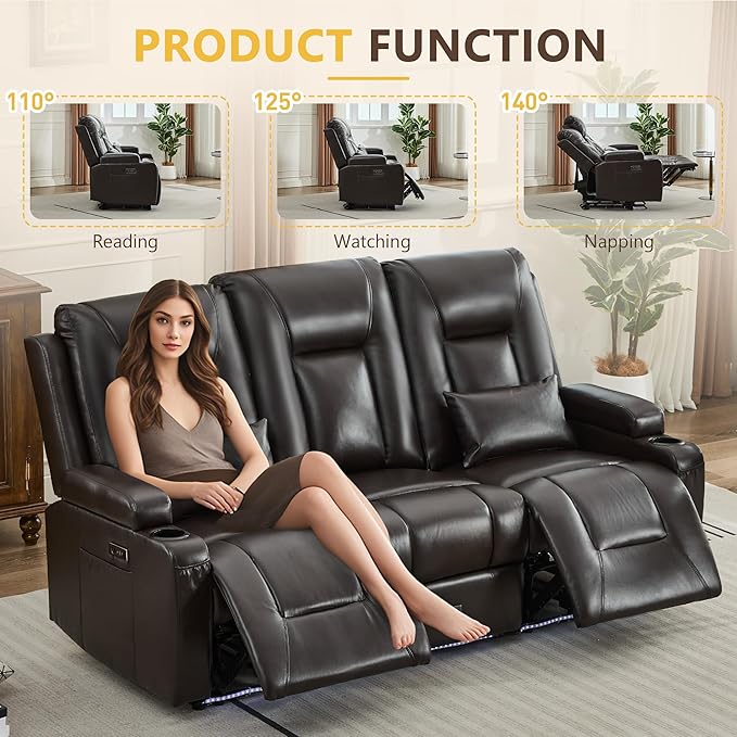 URRED Power Loveseat Recliner Sofa with Console, Wall Hugger Reclining Loveseat RV Couch with LED Light, 150° Zero Gravity Recliners Modular Couches for Living Room (Glossy Brown, 77.3'' - 3 Seats)