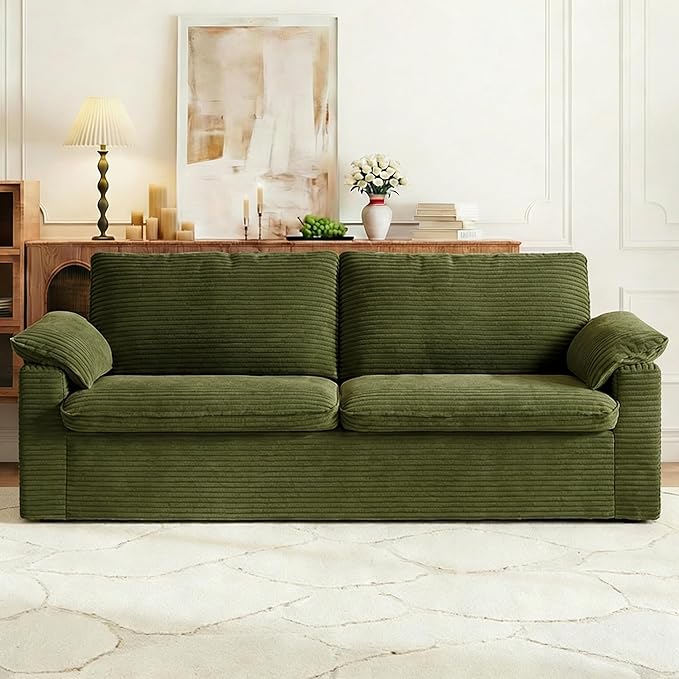 86" Loveseat Sofa Green Corduroy Couch,Modern Cloud Sofa Love Seat, Deep Seat Slipcovered Sofa with 2 Wide Armrest Pillows for Small Spaces Apartment Studio Office Bedroom Living Room