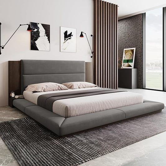 Merax King Size Floor Upholstered Platform Bed with Extended Wood Headboard and Bedside Shelf,No Box Spring Needed,Gray