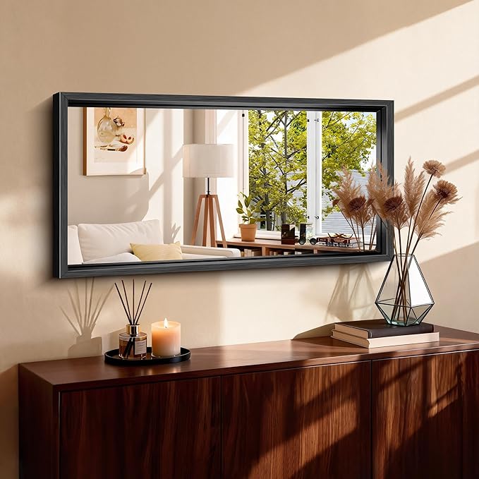CIRCUMI 20"x40" Black Mirror with Chunky Box Metal Frame, Brushed Finish Rectangular Bathroom Mirrors for Over Sink, Living Room, Entryway, Tempered Glass Mirror for Wall, Vertical or Horizontal