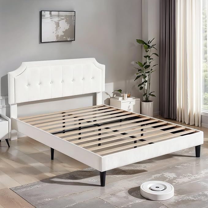 VECELO Queen Size Bed Frame with Velvet Upholstered Headboard, Platform Bedframe Mattress Foundation, Sturdy Wooden Slats Support,No Box Spring Needed Noise Free/Easy Assembly, Off White
