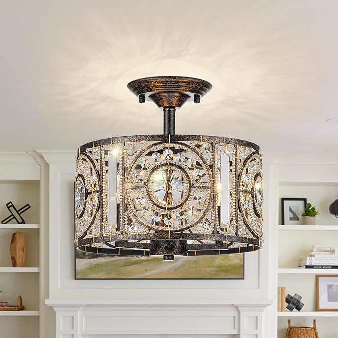 Vintage Crystal Drum Chandelier, 3-Lights Bronze Finish Retro Chandelier Lighting Fixtures, Semi Flush Mount Ceiling Light for Dining Room Living Room Bedroom Entryway Etc.