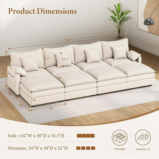 Vesgantti 142" Oversized Sectional Sofa Bed, 8-Seater Modular Sleeper Cloud Couch with Movable Ottoman, Corduroy Convertible Sofa Set Deep Seat Couches for Living Room, Bedroom and Apartment, Beige | Sink-in Comfort, Height Adjustable, Easy Rearrangeme...