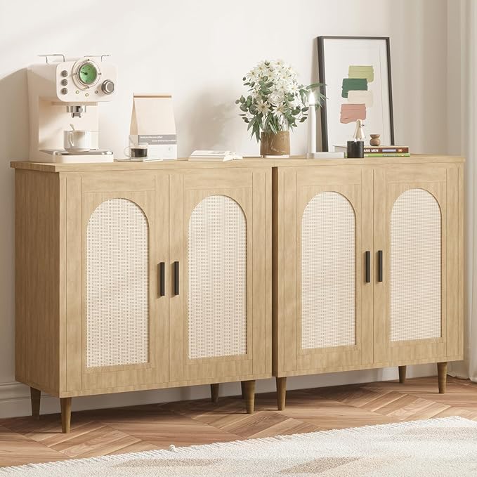 GarveeHome Sideboard Buffet Kitchen Storage Cabinet with Rattan, Solid Wood Feet for Living Room, Hallway, Entryway, Cabinet with Ample Storage Space (Natural, 2 pcs)