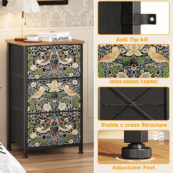 Dresser with 3 Drawers Strawberry Thief Drawer Dresser for Bedroom Vintage Nightstand Small Dressers & Chests of Drawer for Halfway Entryway Living Room Sturdy Steel Frame Wood Top, Brown