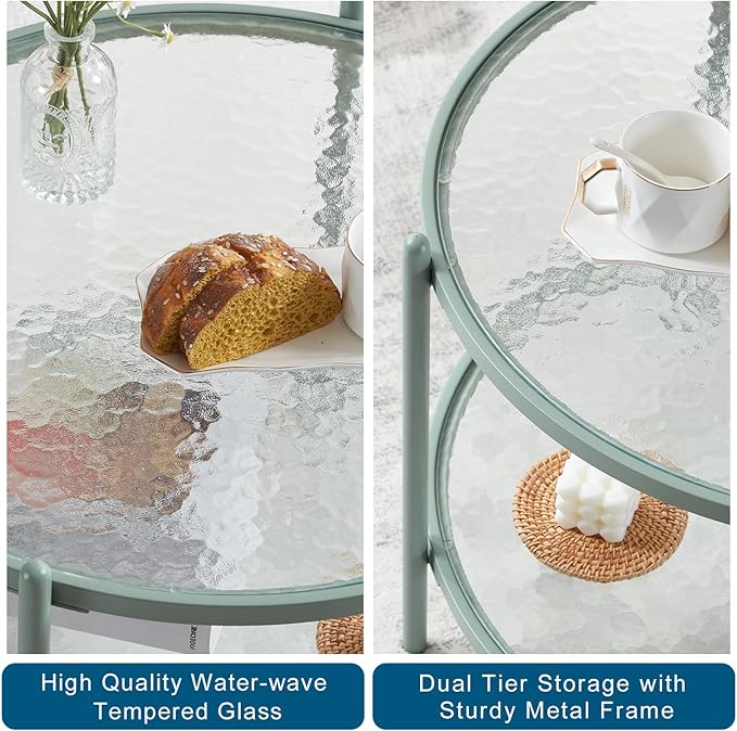 VINGLI 25.6" Small Light Bright Green Round Coffee Table Water-Wave Glass Circle Clear Center Coffee Table with 2-Tier Modern Storage Design for Living Room, Bedroom, Meeting Room, Balcony, Patio