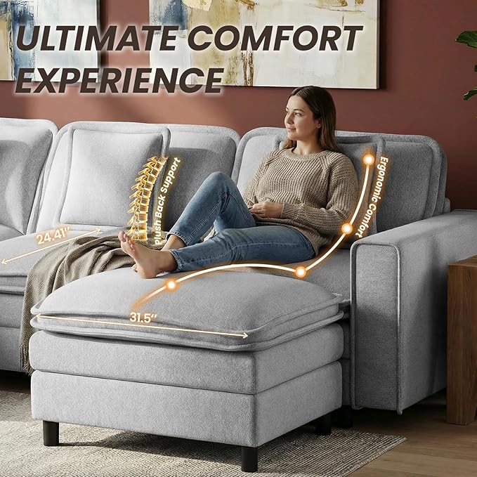 MALOL Modular Sectional Sofa 107", Comfy Cloud Couch with Ottoman, Deep 4-Seat L Shaped Modular Sofa, Couches with Throw Pillows for Living Room, Light Grey