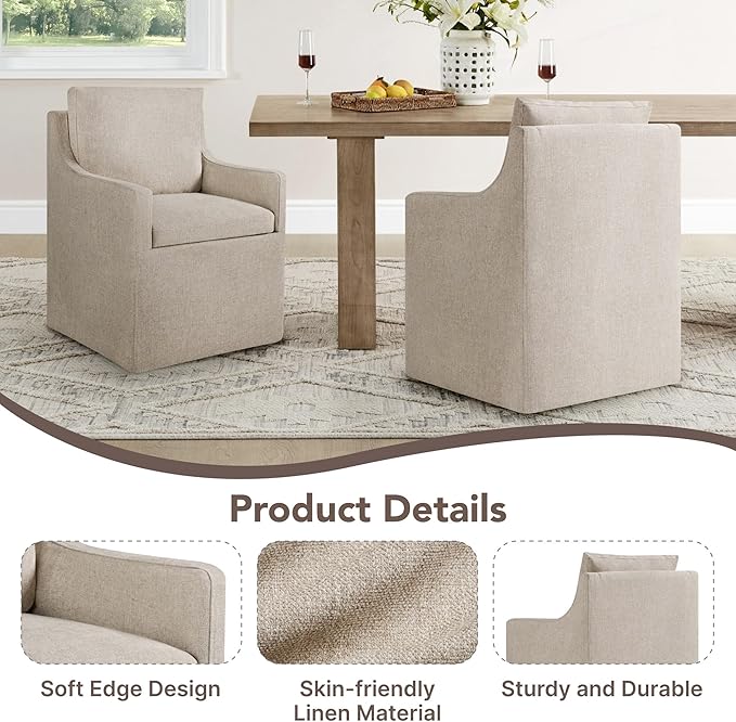 Upholstered Dining Chairs Set of 4, Modern Dining Room Chairs with Casters & Washable Cover, Rolling Accent Chair with Hidden Storage for Kitchen, Farmhouse, Living Room, Linen, 4 Box