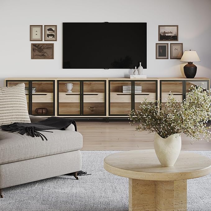 Nathan James Mackenna Metal and Glass Sideboard Accent Cabinet with Two Doors, Oak Credenza for Kitchen or Living Room Set of 4