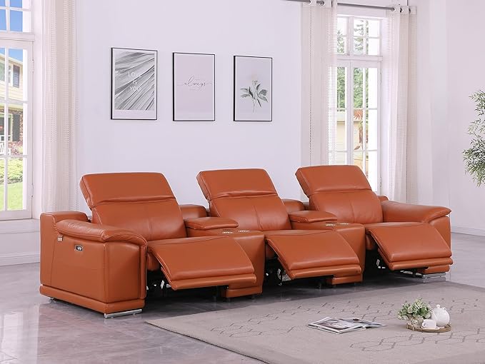 BlackJack Furniture Venice Top Grain Italian Leather Power Recline 5 Piece Sofa - 134" Theater Seating Modern Couch for Living Room Apartment Lounge Home with Adjustable Headrests & USB Port, Camel
