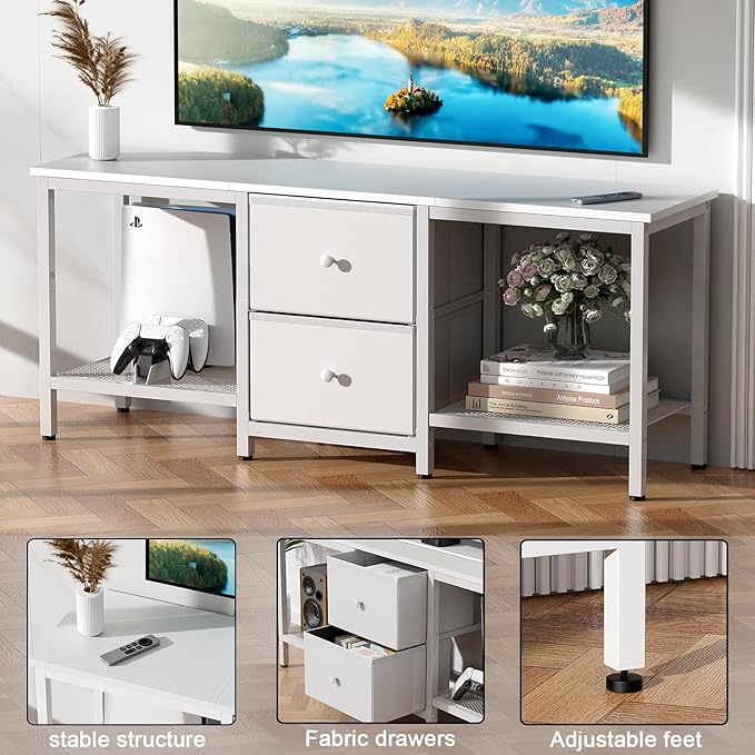 TV Stand Suitable for TVs up to 55 Inches, Entertainment Center with Storage Drawers and Shelves, Media Console Table for Living Room and Bedroom (White)