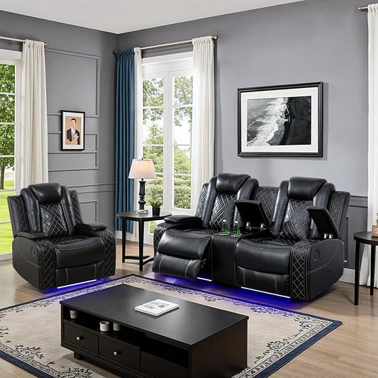 Power Recliner Sofa Sets for Living Room, Leather Recliner Sofa Set with LED Light, Console Storage, Cup Holder for Home Theater Seating(Loveseat and Chair,Black)
