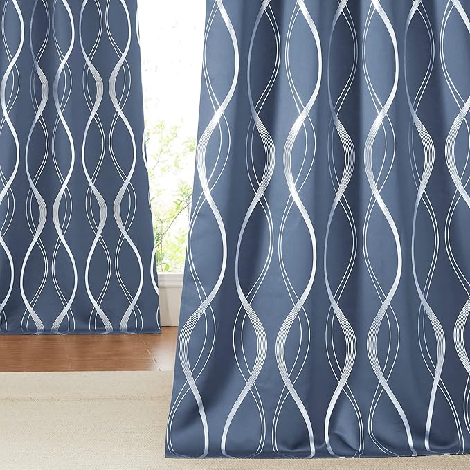 NICETOWN Bedroom Blackout Curtains Panels - Window Treatment Thermal Insulated Solid Grommet Blackout Wave Line Foil Print Design Curtains for Living Room (Stone Blue, Set of 2, 52 by 63 Inch)