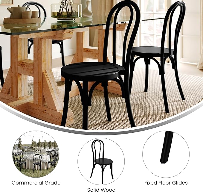 Flash Furniture Betsy Commercial Solid Wood Dining Chair, Thonet Style, Stackable Design, Mortise and Tenon, 350 lbs. Static Weight Capacity, Black