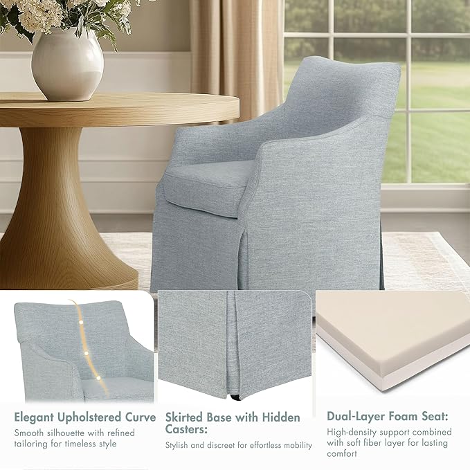 Martha Stewart London Upholstered Skirted Dining Arm Chair with Casters – Curved Back, Removable Seat Cushion, for Dining Room, Home Office, or Living Space, Light Blue