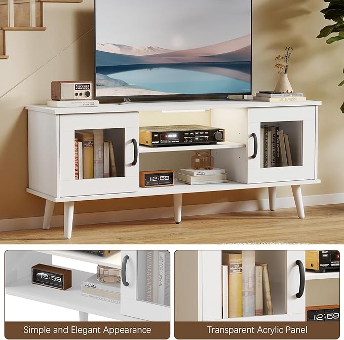 Wood TV Stand for 55 Inch TV, Mid Century Modern Entertainment Center with Adjustable Shelf, Sensor LED Light, 2 Cabinets, TV Media Console for Living Room Bedroom White