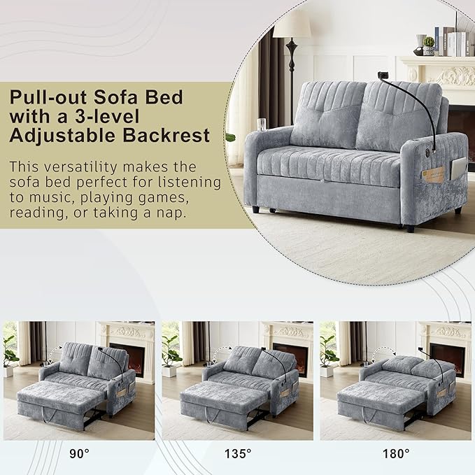 Merax Chenille 3-in-1 Pull Out Sleeper Sofa Bed Couch, 54" Convertible Futon Loveseat with Adjustable Backrest, 2 Cup Holders, Phone Stand, 3 Charging Ports and Storage Pockets for Living Room, Gray