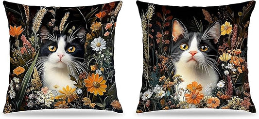 William Morris Inspired-Vintage Dark Floral Tuxedo Cat Pillow Covers 18x18 Set of 2, Tuxedo Cat Gifts, Cottagecore Botanical Kitty Kitten Decorative Pillow Covers for Home Living Room Bedroom