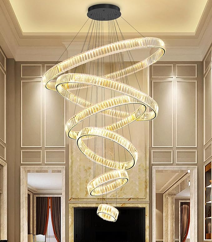 Large Ring Chandelier Modern Crystal Chandeliers for High Ceiling Round LED Dimmable Ceiling Light Fixture for Foyer Long Stair Black 8''+16''+24''+32''+40''+47''