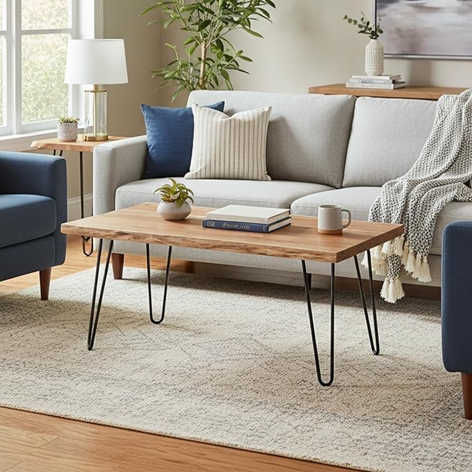 Alaterre Furniture Live Edge Wood Coffee Table with Hairpin Metal Legs – Rustic Modern Farmhouse Living Room Table with Acacia Wood Top (42 Inch)