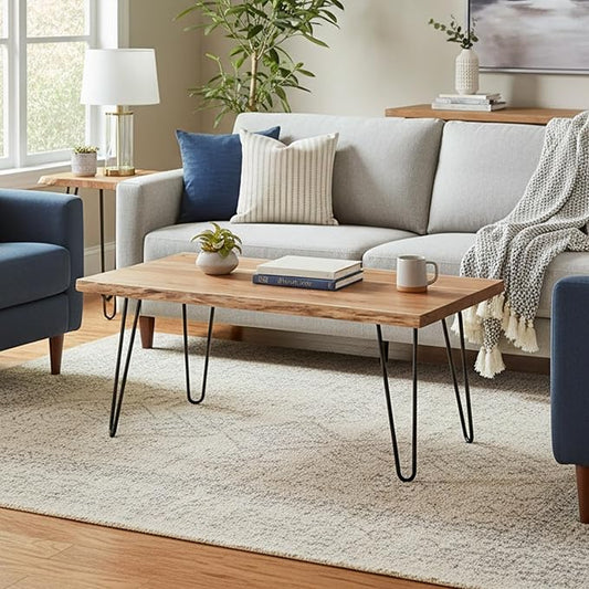 Alaterre Furniture Live Edge Wood Coffee Table with Hairpin Metal Legs – Rustic Modern Farmhouse Living Room Table with Acacia Wood Top (42 Inch)