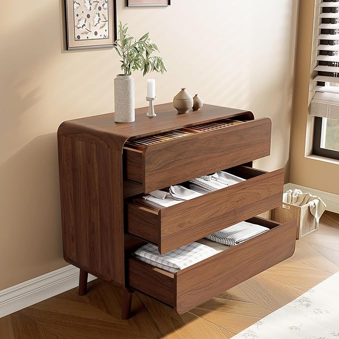 3 Drawer Dressers for Bedroom, Mid Century Modern Chests of Drawers, Curved Dresser with Storage Drawer, Wooden Bedroom Furniture Drawer for Closet, Home Office, Walnut