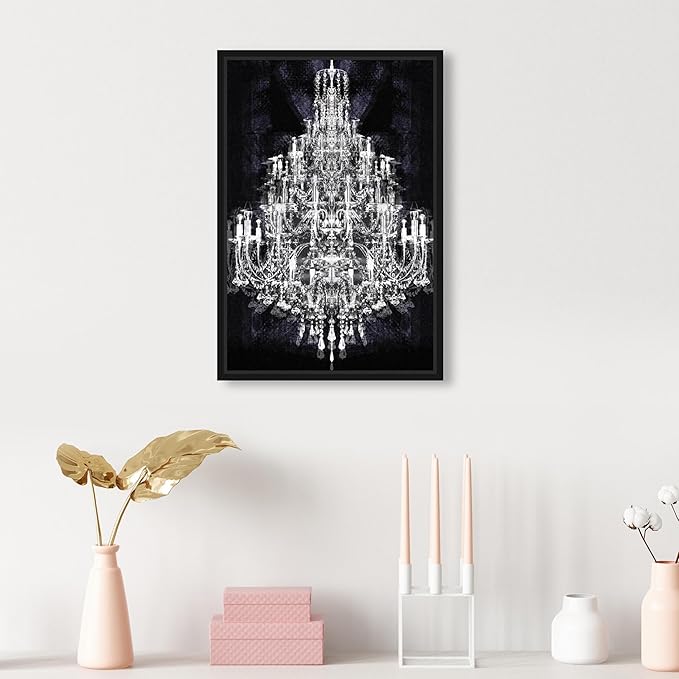The Oliver Gal Artist Co. Fashion and Glam Framed Wall Art Canvas Prints 'Montecarlo Crystal' Chandeliers Home Décor, 10" x 15", White, Black