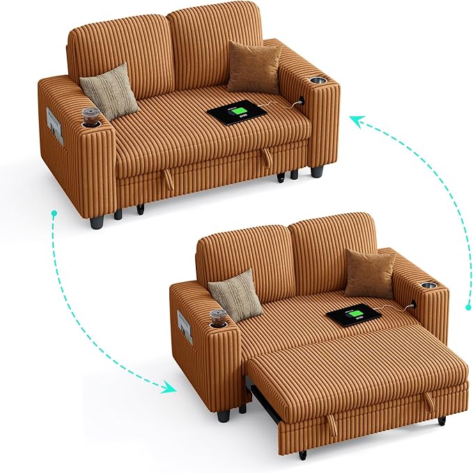LINSY HOME Sectional Sleeper Sofa Pull Out Couches for Living Room (Brown, Pull Out Couch) | Pull Out Sofa Bed, Storage, USB Charging, Cup Holders, Plush Corduroy | Pull Out Sofa Bed, Storage, USB Charging, Cup Holders, Plush Corduroy