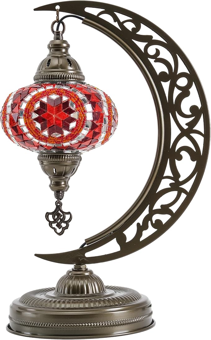 Mozaist Turkish Mosaic Crescent Shape Table Lamp, Moroccan Moon Boho Handmade Desk Light, Farmhouse Rustic Living Room Decorative Lighting, Bedside Nightstand with E12 Socket & US Plug (Orange & Red)