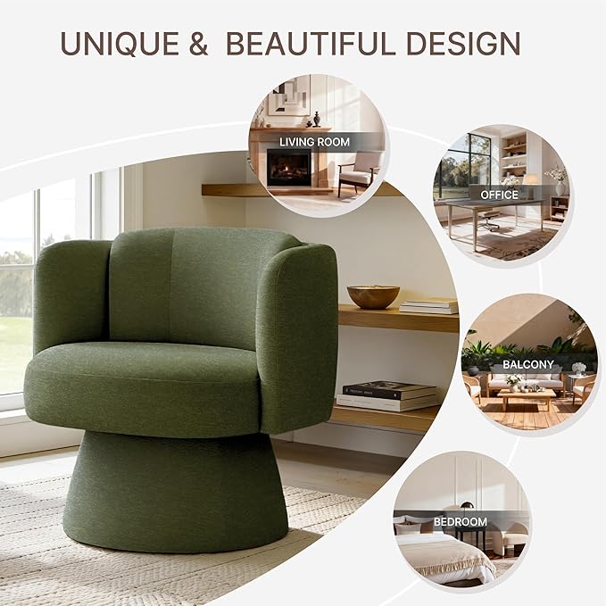 Swivel Barrel Chair,360° Accent Chairs with Round Backrest,Upholstered Lounge Chair for Vanity,Living Room,Bedroom,Reading Nook,Green