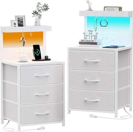 Night Stand with Charging Station Set of 2, LED Nightstand Bedside Table with USB Ports and Outlets, 3 Fabric Drawer End Side Table Dresser for Bedroom with Storage Shelf and 2 Hooks, White
