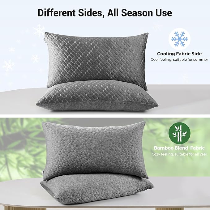 puredown® Pillows Queen Size Set of 2, Shredded Memory Foam Pillows, Cooling Foam Pillow for Sleeping, Soft Bed Pillow Queen Size with Adjustable Foam for Side, Back and Stomach Sleepers, Grey