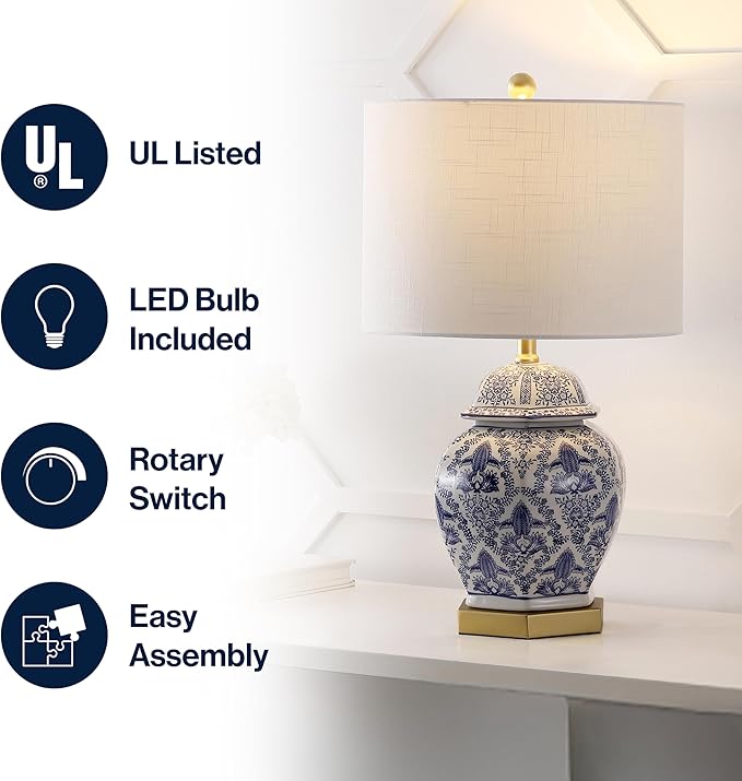 JONATHAN Y 25" Blue/White Classic Traditional Ginger Jar Ceramic LED Table Lamp, Chinoiserie Table Lamp for Living Room Bedroom, Gold Base, White Linen Shade, LED Bulb Included JYL3051A