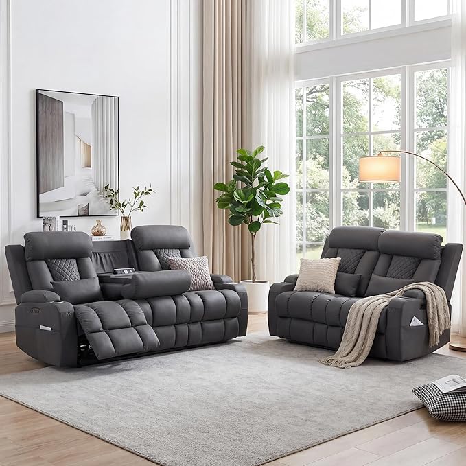 2-Piece Power Reclining Sofa Set, 3-Seater Sofa with Drop-Down Console & 2-Seater Loveseat, Zero Wall Hugger Electric Recliner Couch with Adjustable Headrest, AC Outlets (Gray, 2+3)
