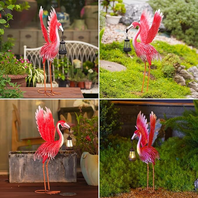 Goodeco 25.6" Metal Flamingo Statue with Solar Lantern - Pink Flamingo for Garden Yard Patio Decorations, Perfect Flamingo Gifts (Flamingo)