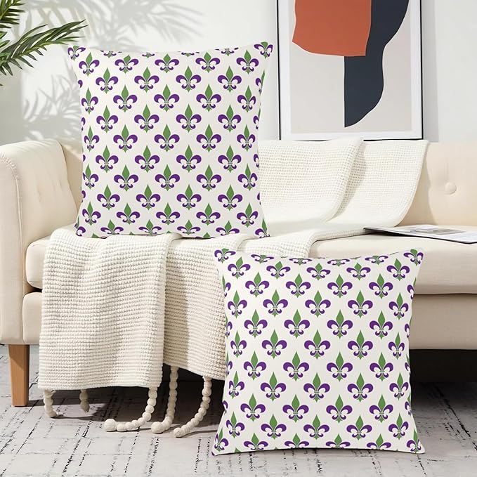 Mardi Gras Throw Pillow Covers 22x22 Set of 2 Purple Green Fleur De Lis Pillow Cases Outdoor Holiday Decorative Pillow Covers Home Sofa Couch Porch Decor